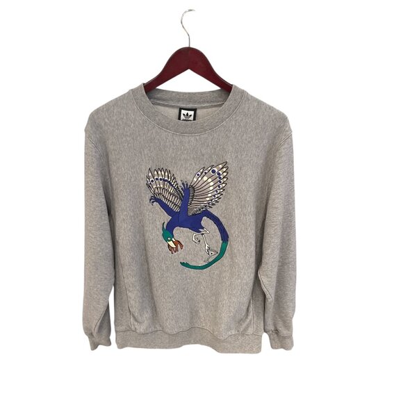 Adidas Gray Sweatshirt With Embroidered Blue Bird Design Crewneck Unisex Size S - Picture 1 of 10